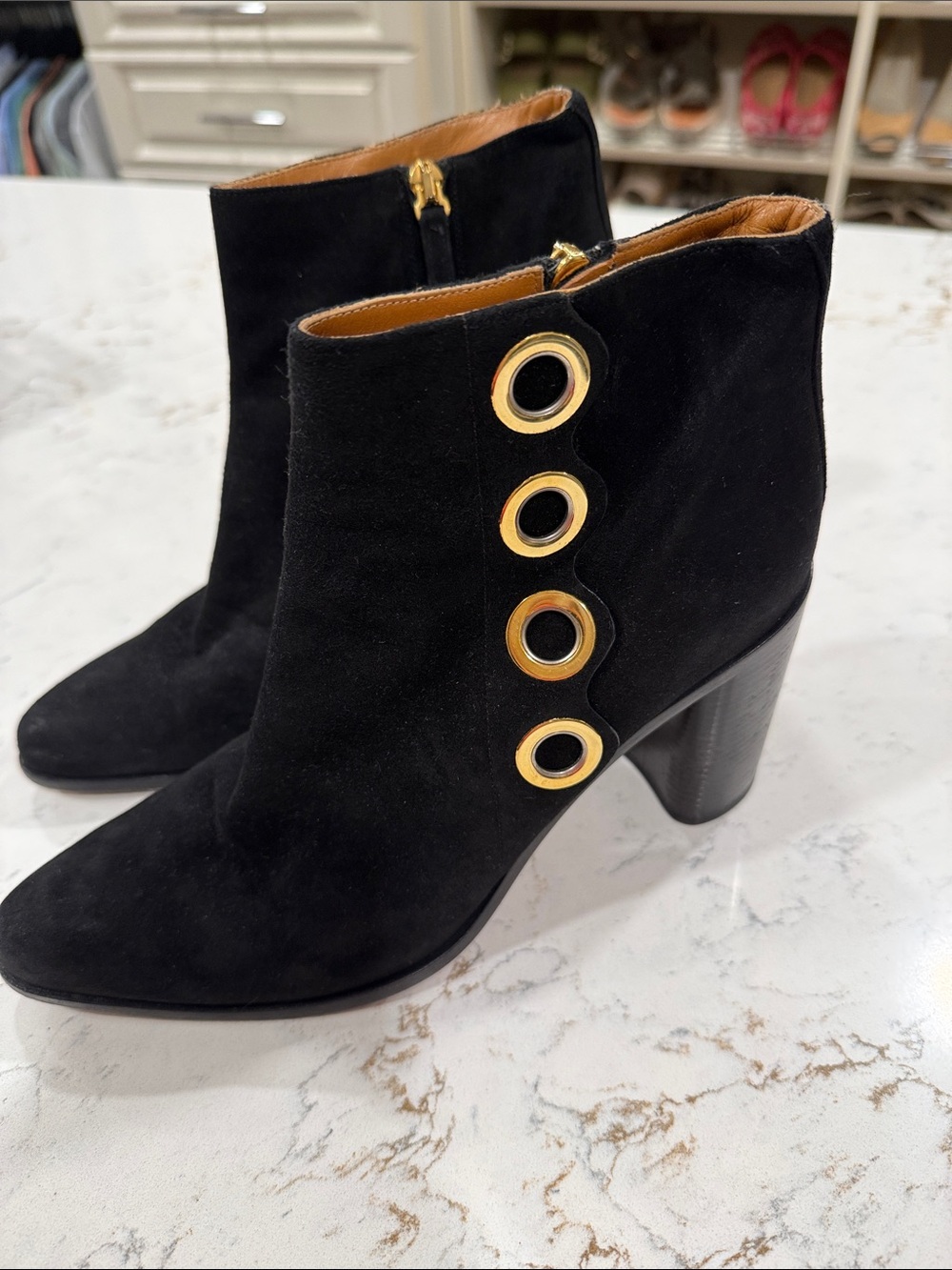Chloe Black Suede Ankle Boots with Gold Grommet Accents